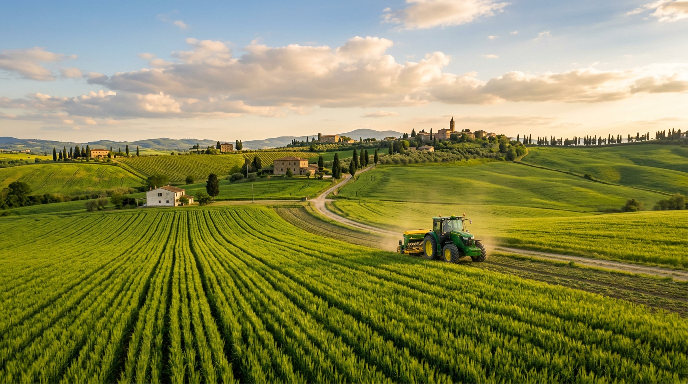 Trattore in campo coltivato: agricoltura digitale e gestione aziendale agricola
