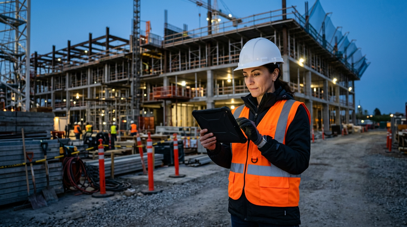 Responsabile di cantiere con elmetto e tablet: supervisione digitale in sicurezza