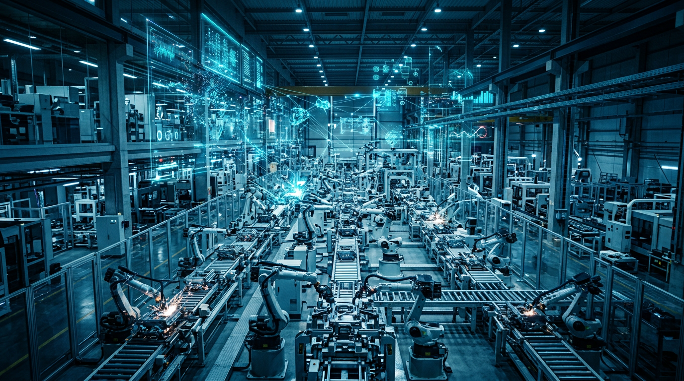 Stabilimento con automazione, robotica e sovrapposizioni digitali: simbolo di fabbrica 4.0